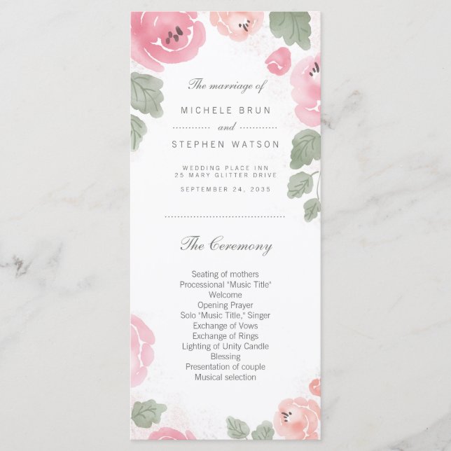 Watercolor Pink Roses Wedding Program Rack Cards (Front)