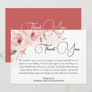 Watercolor Pink Roses Wedding  Thank You Card