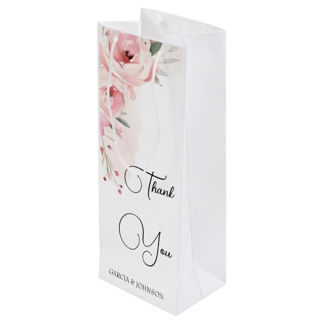 Watercolor Pink Roses Wedding Wine Gift Bag (Back Angled)