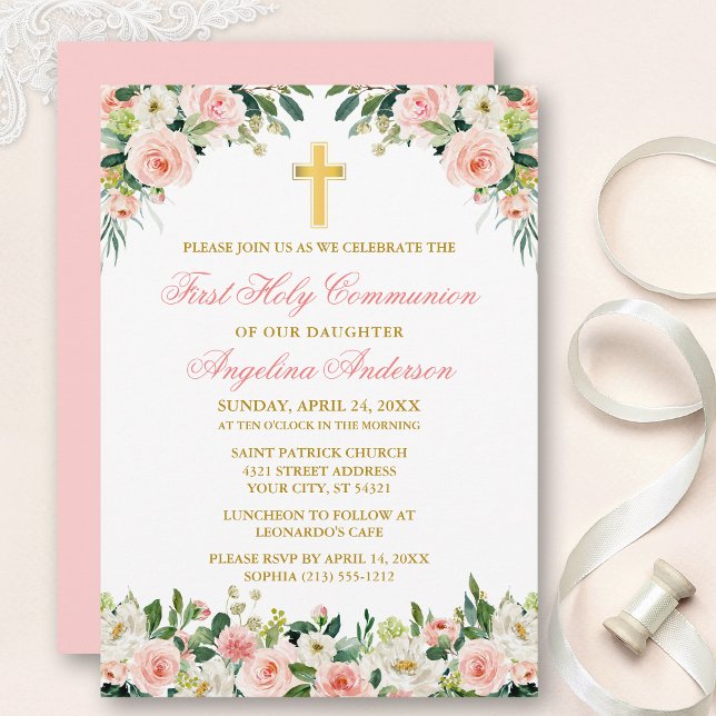 Watercolor Pink Roses White Floral Gold Communion Invitation (Customize to change text color, size, style or to change color of back of card.)