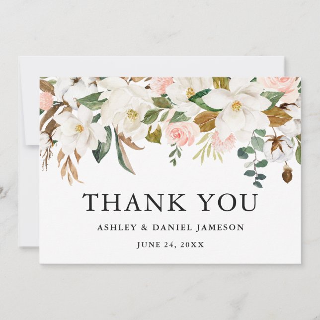 Watercolor Pink Roses White Magnolias Wedding Thank You Card (Front)