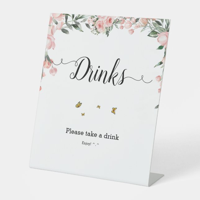 Watercolor Pink Roses with Butterflies Drinks Pedestal Sign (Front)