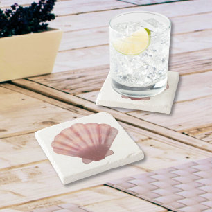Watercolor Pink Scalloped Seashell Stone Coaster