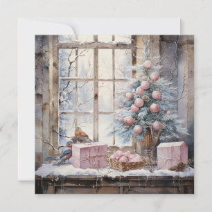 Watercolor Pink Shabby Chic Christmas Card