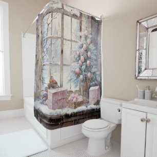 Watercolor Pink Shabby Chic Christmas  Shower Curtain