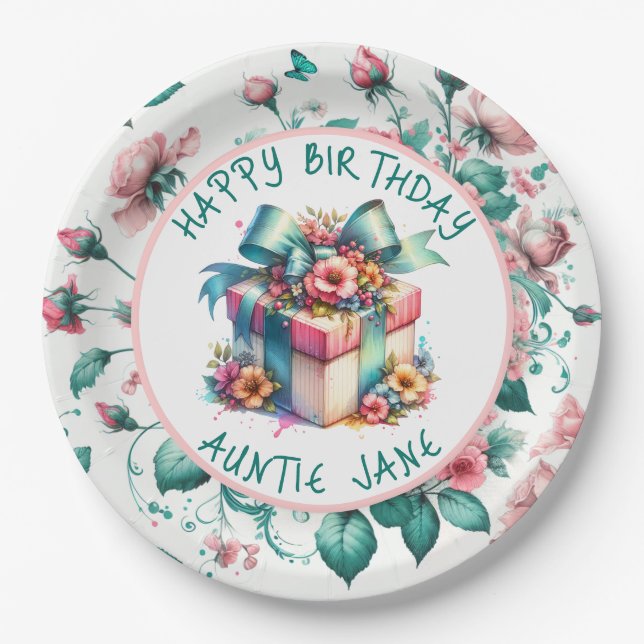 Watercolor Pink Shabby Chic Floral Personalised Paper Plate (Front)