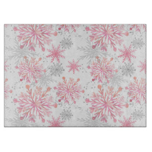 Watercolor Pink & Silver Glitter Winter Snowflakes Cutting Board