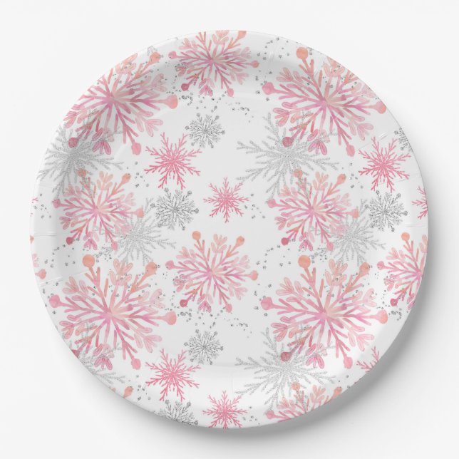 Watercolor Pink & Silver Glitter Winter Snowflakes Paper Plate (Front)