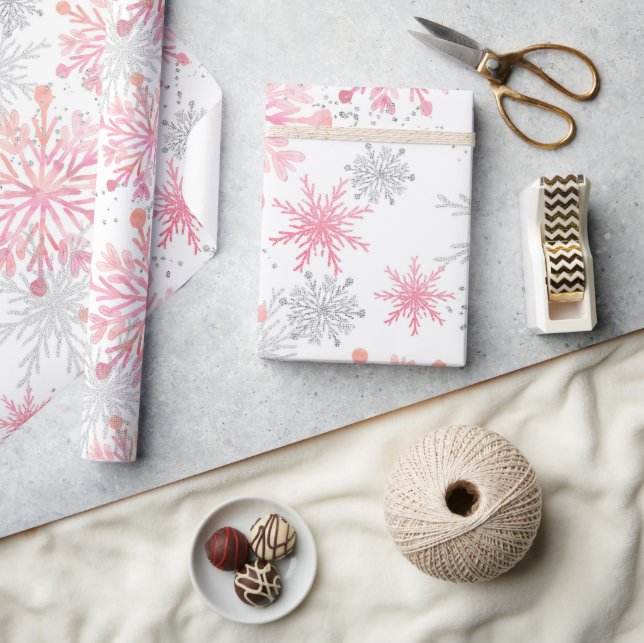 Watercolor Pink & Silver Glitter Winter Snowflakes Wrapping Paper (Crafts)