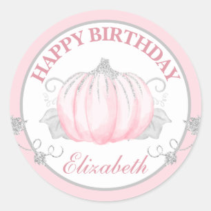 Watercolor Pink & Silver Pumpkin Happy Birthday Classic Round Sticker
