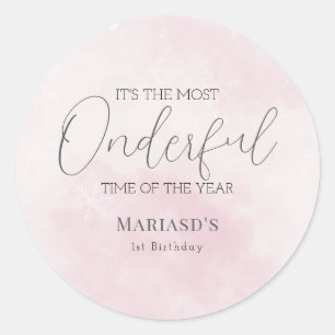 watercolor Pink snow 1st birthday Christmas Classic Round Sticker