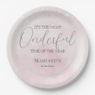 watercolor Pink snow 1st birthday Christmas  Paper Plate