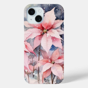 Watercolor Pink Snowy Poinsettia Flowers iPhone 15 Case