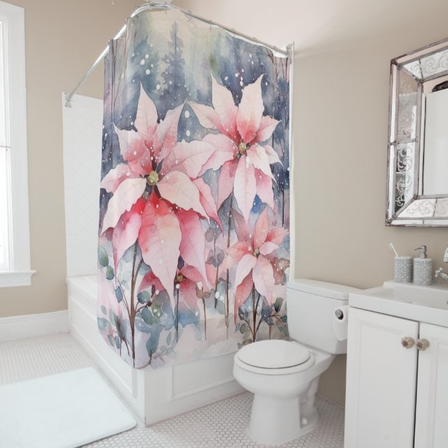 Watercolor Pink Snowy Poinsettia Shower Curtain (In Situ)