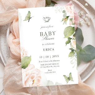 Watercolor pink soft floral leaves baby shower invitation
