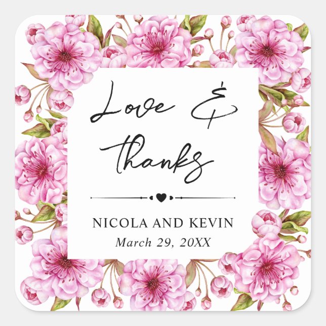 Watercolor Pink Spring Cherry Blossom Wedding Square Sticker (Front)