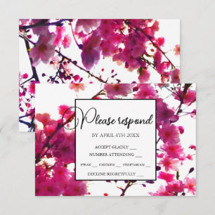 Watercolor pink spring floral flowering tree RSVP card