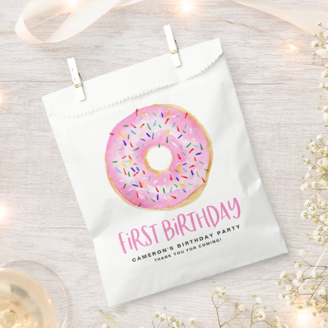 Watercolor Pink Sprinkle Doughnut First Birthday Favour Bag (Clipped)