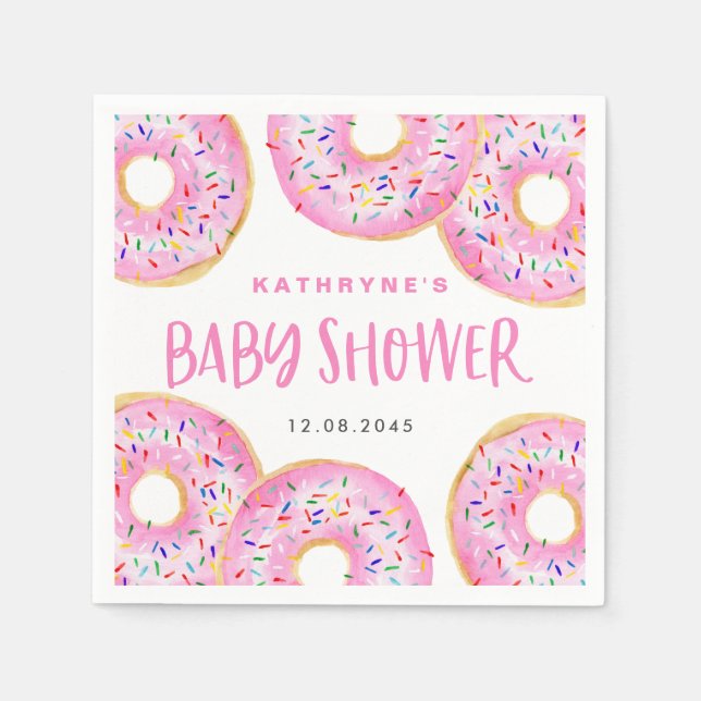 Watercolor Pink Sprinkle Doughnuts Baby Shower Napkin (Front)