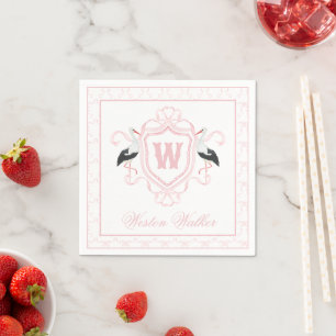 Watercolor Pink Stork Bow Monogram Crest Napkin