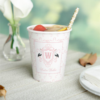 Watercolor Pink Stork Bow Monogram Crest Paper Cups
