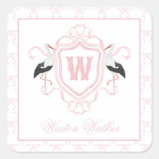 Watercolor Pink Stork Bow Monogram Crest Square Sticker