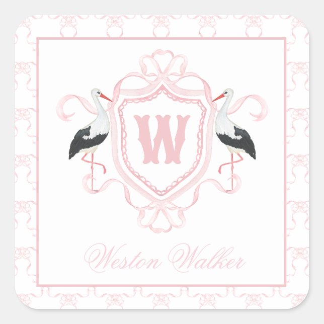 Watercolor Pink Stork Bow Monogram Crest Square Sticker (Front)