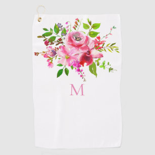 Watercolor Pink Summer Floral Monogram Golf Towel