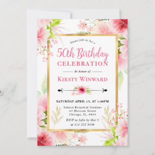 Watercolor Pink Summer Flowers 50th Birthday Invitation