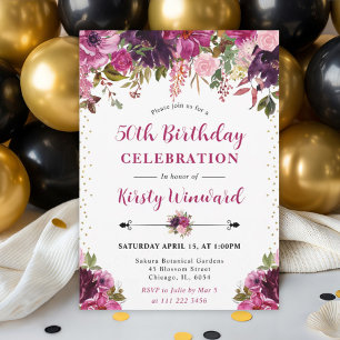 Watercolor Pink Summer Flowers 50th Birthday Invitation