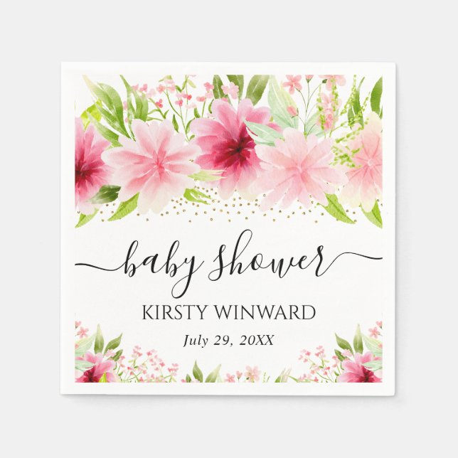 Watercolor Pink Summer Flowers Baby Shower Napkin (Front)