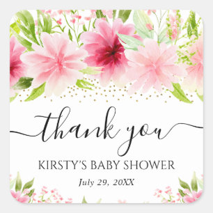 Watercolor Pink Summer Flowers Baby Shower Square Sticker