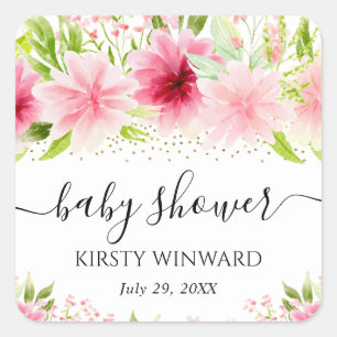 Watercolor Pink Summer Flowers Baby Shower Square Sticker
