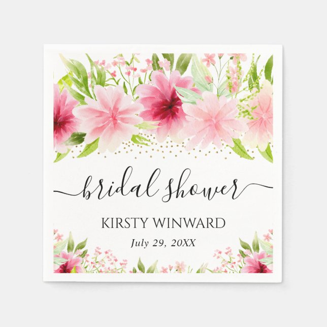 Watercolor Pink Summer Flowers Bridal Shower Napkin (Front)