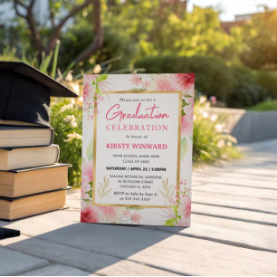 Watercolor Pink Summer Flowers Graduation Invitation