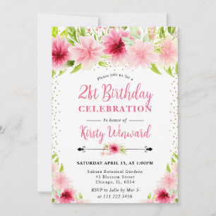 Watercolor Pink Summer Flowers Photo 21st birthday Invitation