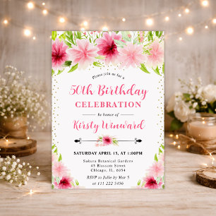 Watercolor Pink Summer Flowers Photo 50th birthday Invitation