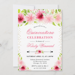 Watercolor Pink Summer Flowers Photo Quinceanera Invitation