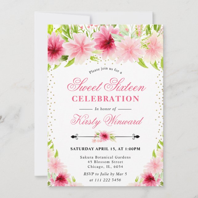 Watercolor Pink Summer Flowers Photo Sweet 16 Invitation (Front)