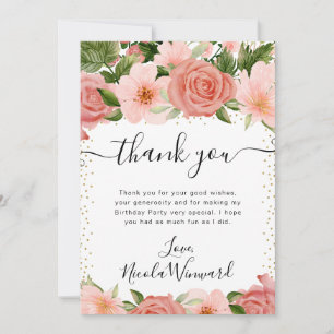 Watercolor Pink Summer Roses Flowers Birthday Thank You Card