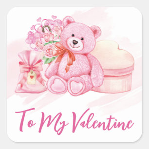 Watercolor Pink Teddy Bear, and Valentine's Gifts Square Sticker