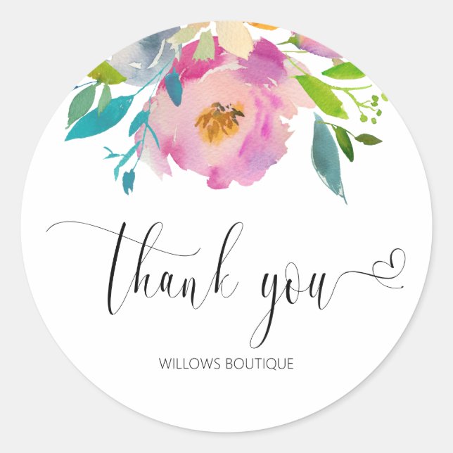Watercolor Pink Thank You Calligraphy Classic Round Sticker (Front)