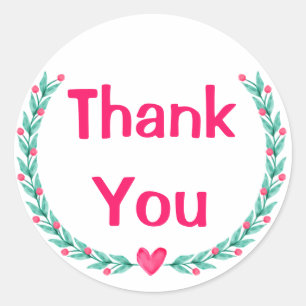 Watercolor Pink Thank You Green Floral Wreath Leaf Classic Round Sticker