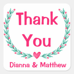 Watercolor Pink Thank You Green Floral Wreath Leaf Square Sticker