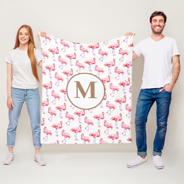 Watercolor Pink Tropical Flamingo Monogram Initial Fleece Blanket (In Situ)