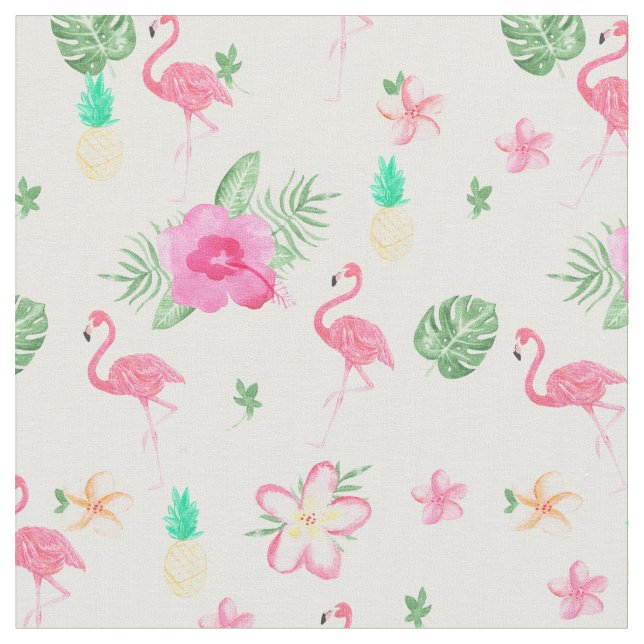Watercolor pink tropical flamingo summer flowers fabric (Close Up)