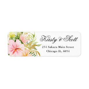 Watercolor Pink Tropical Flowers address Return Address Label