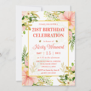 Watercolor Pink Tropical Flowers Birthday Invitation
