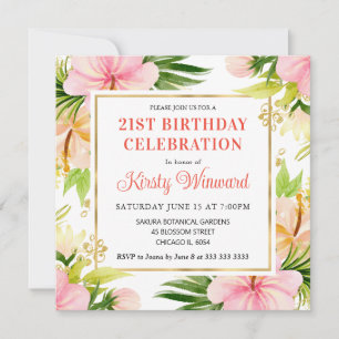 Watercolor Pink Tropical Flowers Birthday Invitation
