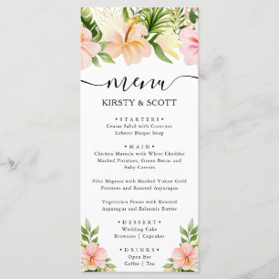 Watercolor Pink Tropical Flowers Wedding Menu